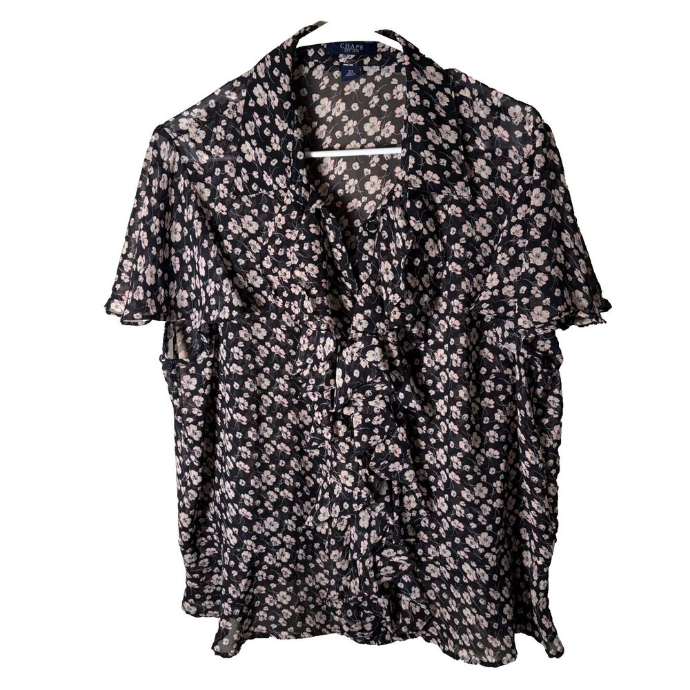 Chaps Shirt Women's 2X Floral Button Up Short Sleeve Lightweight Casual Top